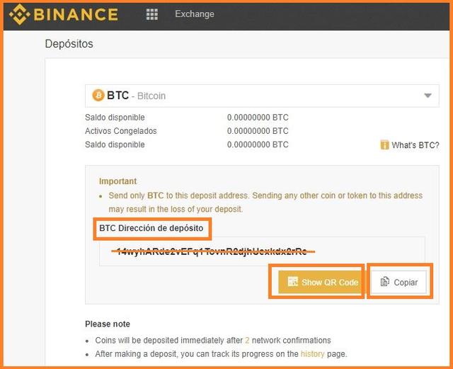 Copia la dirección de depósito de bitcoins en Binance