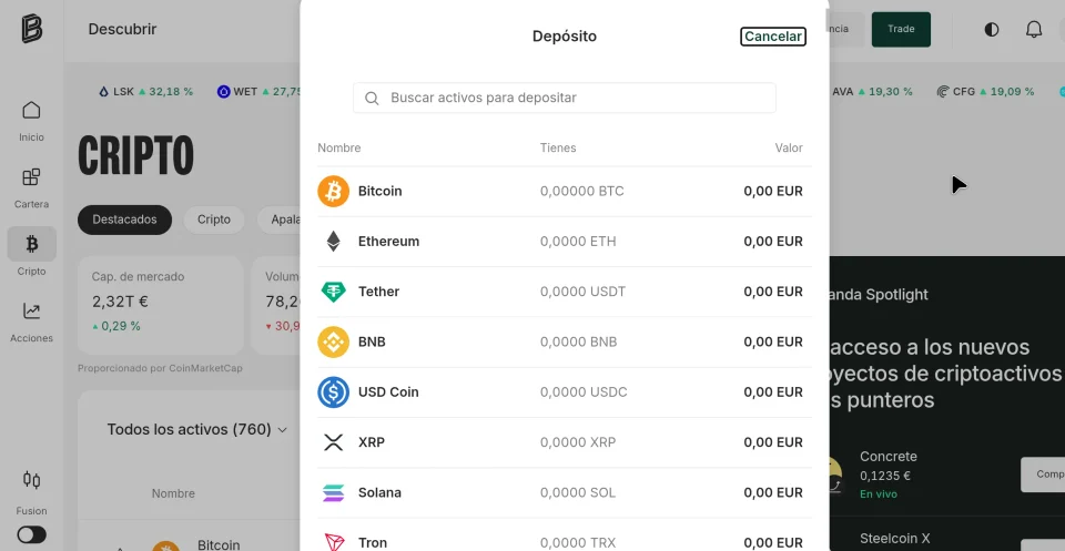 Pantalla de depósito de criptomonedas en Bitpanda